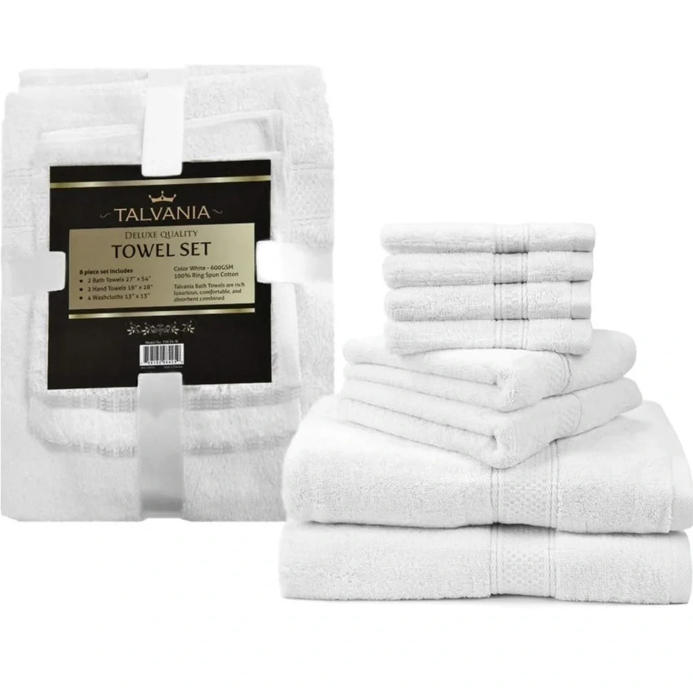 TALVANIA-Luxury Bath Towels 100% Ring Spun Cotton 8pc set White